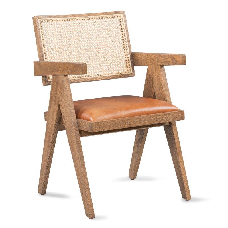 Bej Deri ve Dişbudak Ağacı Kollu El Yapımı Rattan Sandalye - 56x89x60 cm - 252790