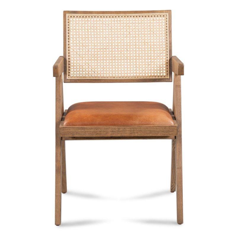 Bej Deri ve Dişbudak Ağacı Kollu El Yapımı Rattan Sandalye - 56x89x60 cm - 252790