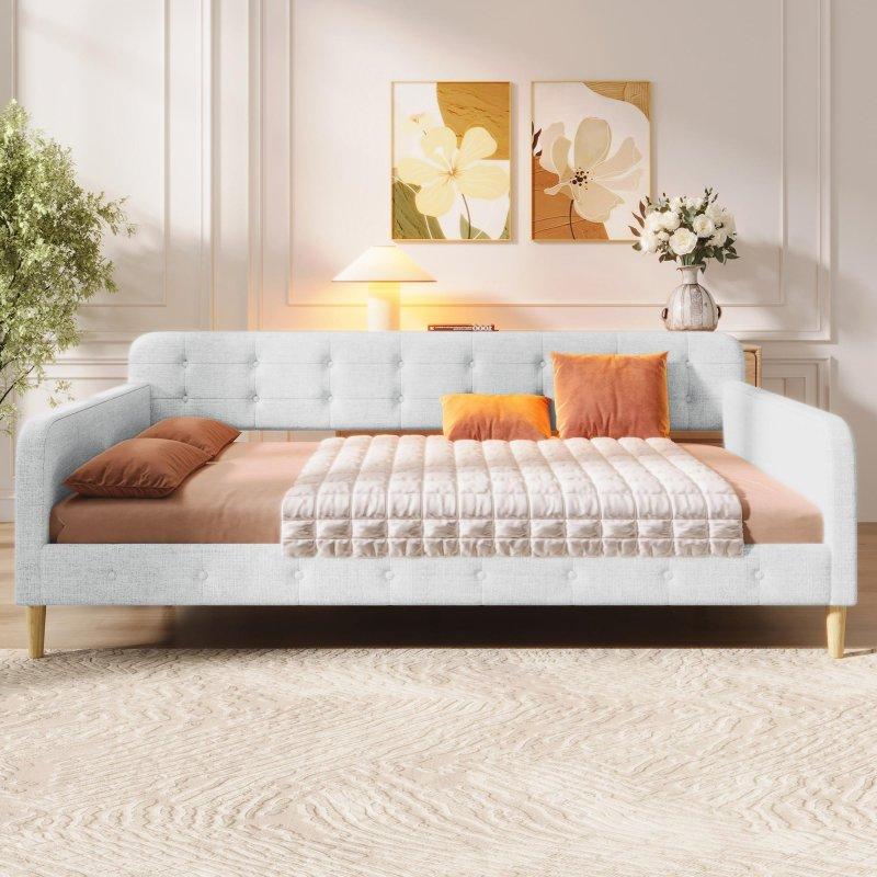 Bej Döşemeli Ahşap Konik Ayaklı Yüzyıl Ortası Modern Daybed Karyola - Queen Boy - 329703