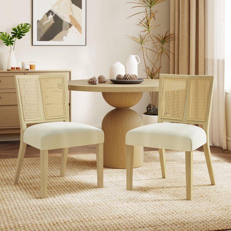 Bej Döşemeli Ahşap Rattan Sandalye 2li Set - 252541