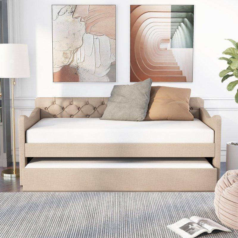 Bej Döşemeli Kapitoneli Yavru Yataklı Daybed Karyola - 206 cm - 330276