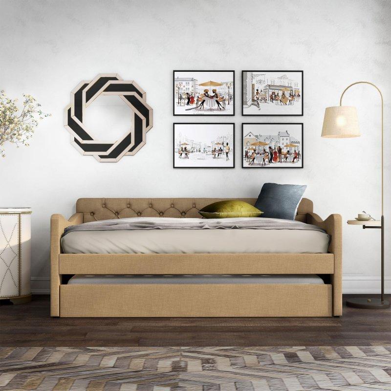 Bej Döşemeli Kapitoneli Yavru Yataklı Daybed Karyola - 206 cm - 330276