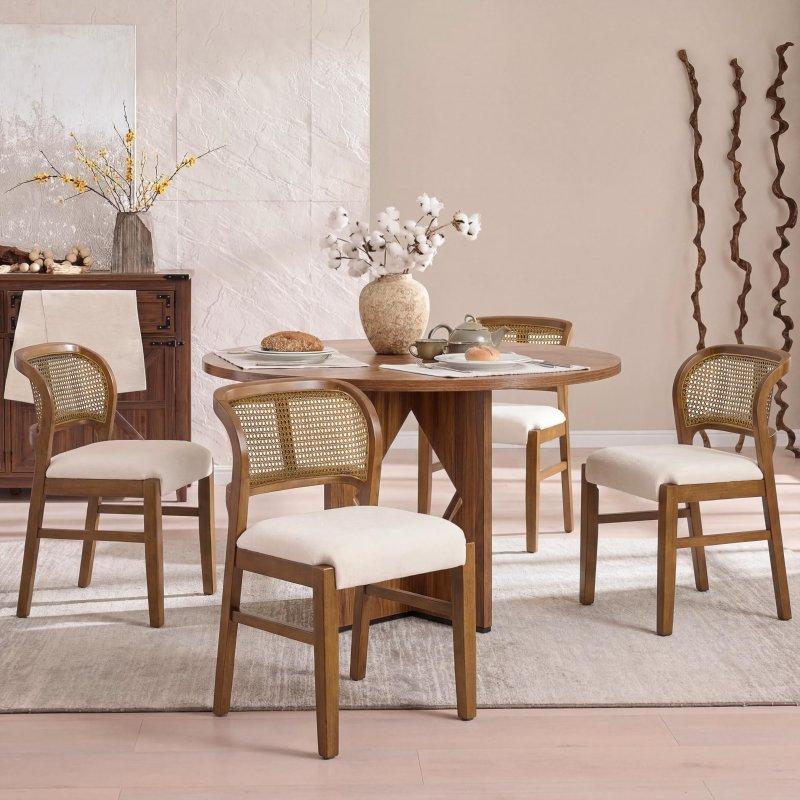 Bej Döşemeli Masif Ahşap El Örgüsü Rattan Sandalye - 253193