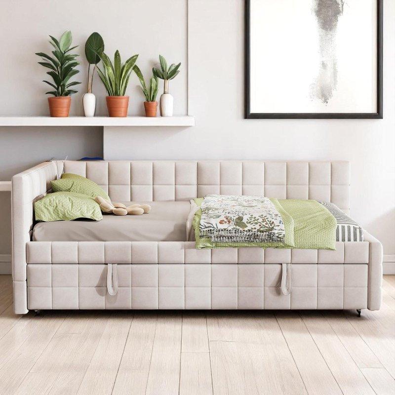 Bej Döşemeli USB Portlu L Sırtlıklı Açılır Yavru Yataklı Daybed Karyola - 206x146 cm - 329714