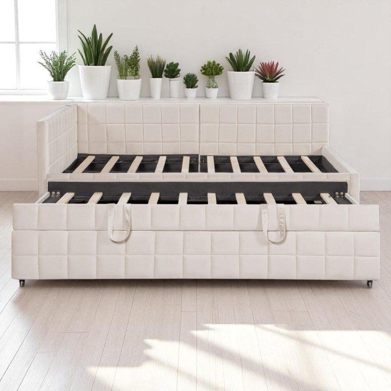Bej Döşemeli USB Portlu L Sırtlıklı Açılır Yavru Yataklı Daybed Karyola - 206x146 cm - 329714