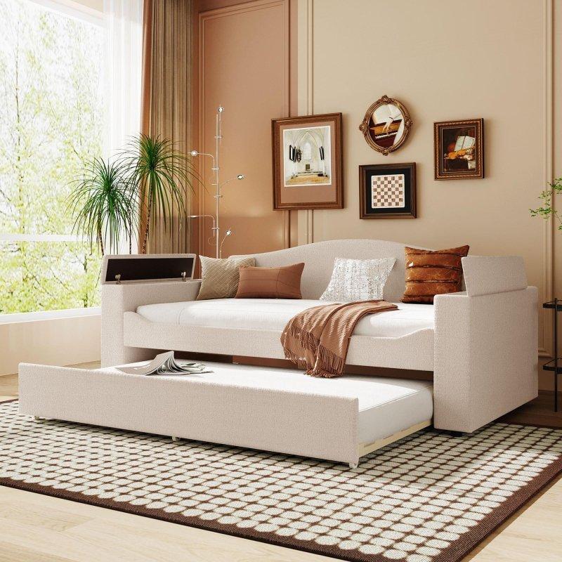 Bej Döşemeli Yavru Yataklı ve Saklama Alanlı Kolçaklı Bluetoothlu Daybed Karyola - 222x108x90 cm - 329984