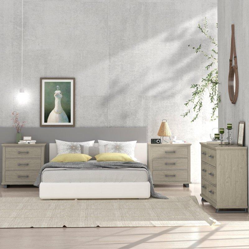 Bej Eskitme MDF Metal Ayaklı 6 Çekmeceli Şifonyer ve 2 Komodin Seti - 298138