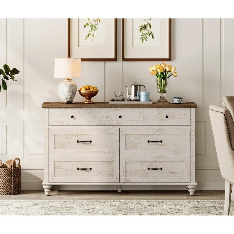 Bej Eskitme Tasarımlı MDF ve Masif Ahşap Ayaklı 7 Çekmeceli Şifonyer - 138 cm - 297945