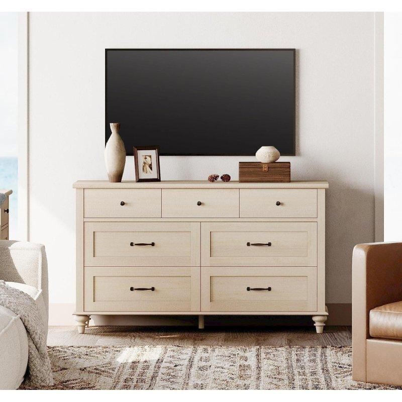 Bej Eskitme Tasarımlı MDF ve Masif Ahşap Ayaklı 7 Çekmeceli Şifonyer - 138 cm - 297945