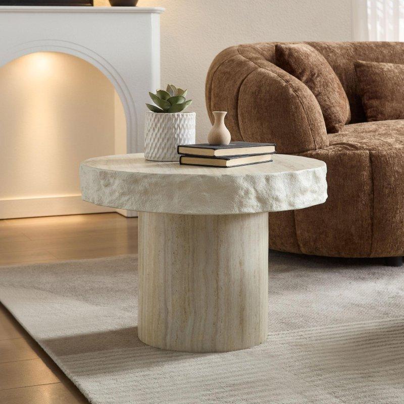 Bej Fiberglas Taş Dokulu Montaj Gerektirmeyen Kaide Ayaklı Yuvarlak Orta Sehpa - 240987