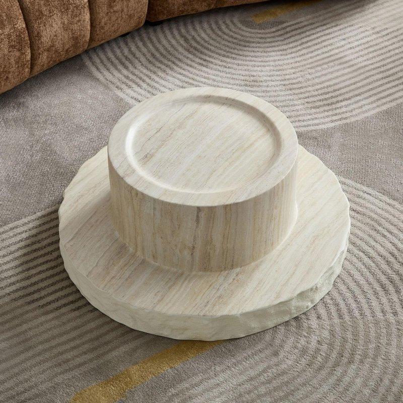 Bej Fiberglas Taş Dokulu Yuvarlak Orta Sehpa - 61 cm - 240877