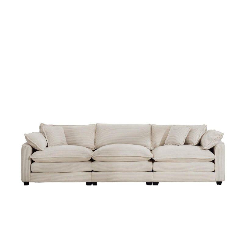 Bej Fitilli Kadife 5 Yastıklı Retro Tasarım Bohem Koltuk - 214 cm - 292841