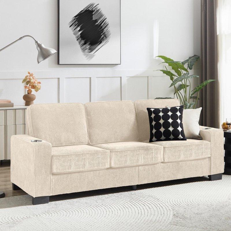 Bej Fitilli Kadife Bardaklıklı 3 Kişilik Bohem Koltuk - 214 cm - 291206