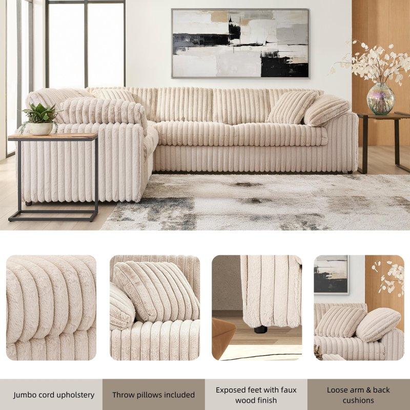 Bej Fitilli Kadife Çıkarılabilir Minderli Sol Köşe Koltuk - 314x246 cm - 256381