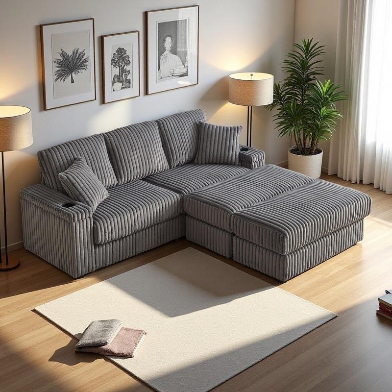 Bej Fitilli Kadife Depolamalı Puflu Bardaklıklı Köşe Koltuk - 214 cm - 257159 Bej Fitilli Kadife Depolamalı Puflu Bardaklıklı Köşe Koltuk - 214 cm - 257159