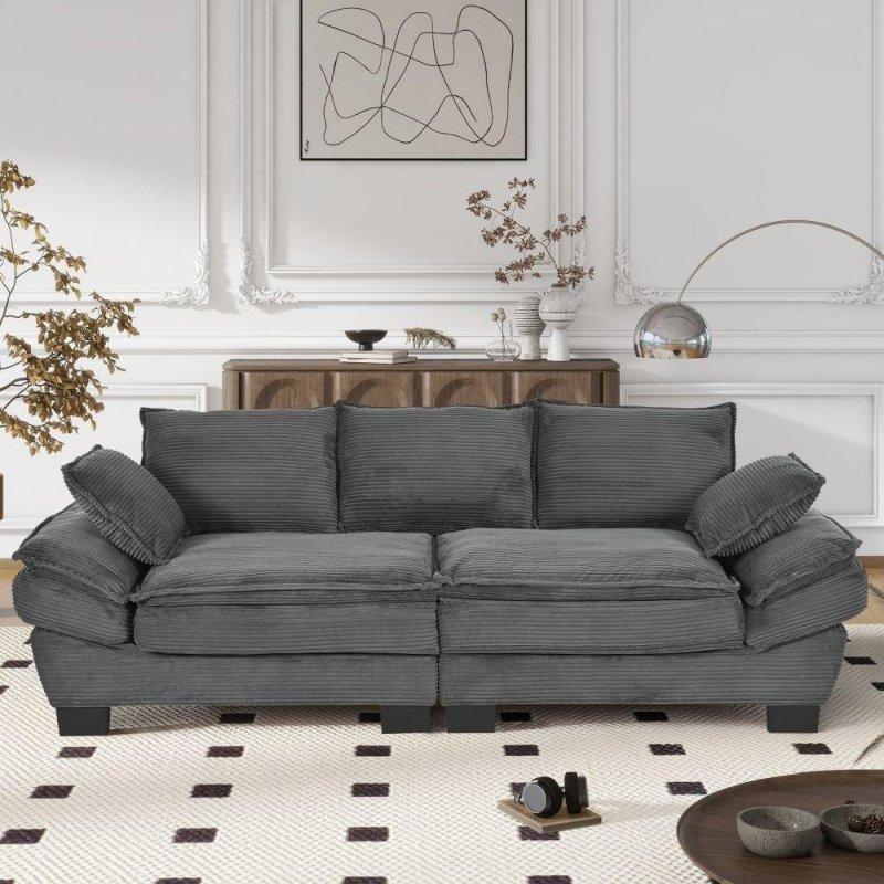 Bej Fitilli Kadife Kumaş Modern Kavisli Bohem Koltuk - 217 cm - 288720