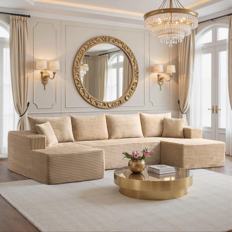 Bej Fitilli Kadife Kumaş Modüler U-Şekilli Yastıklı Köşe Koltuk - 343x157 cm - 256077