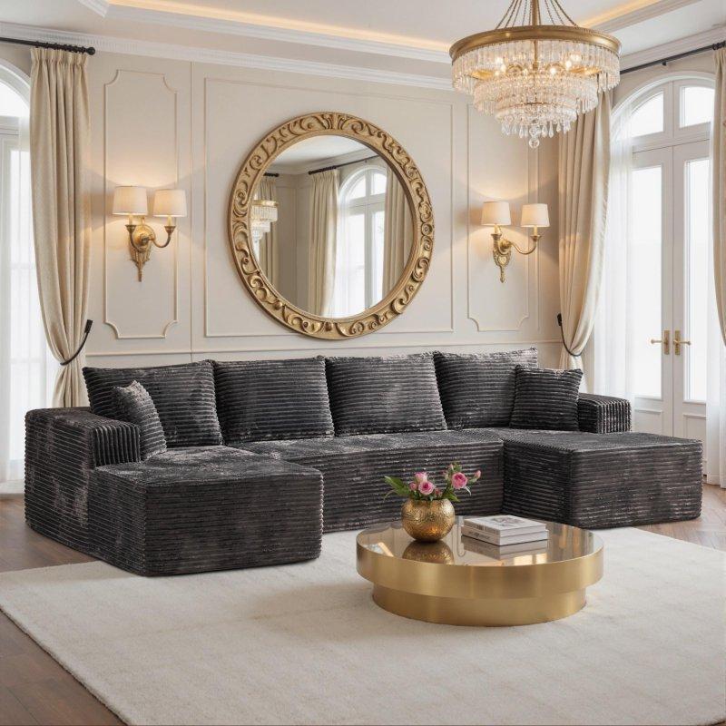 Bej Fitilli Kadife Kumaş Modüler U-Şekilli Yastıklı Köşe Koltuk - 343x157 cm - 256077