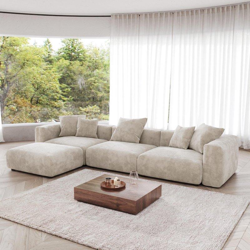 Bej Fitilli Kadife Kumaş Puf Dahil Modüler Köşe Koltuk - 360x190 cm - 258385