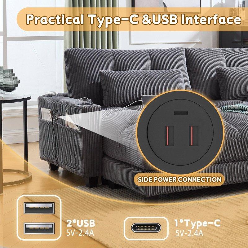 Bej Fitilli Kadife Kumaş USB Type-C Şarj Portlu Bardaklıklı Yataklı Bohem Koltuk - 282105