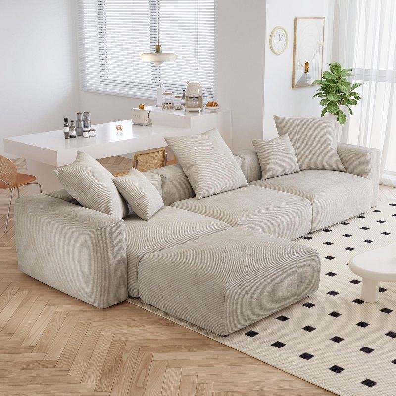 Bej Fitilli Kadife Kumaş Yönü Değiştirilebilir Modüler Köşe Koltuk - 361x190 cm - 257752