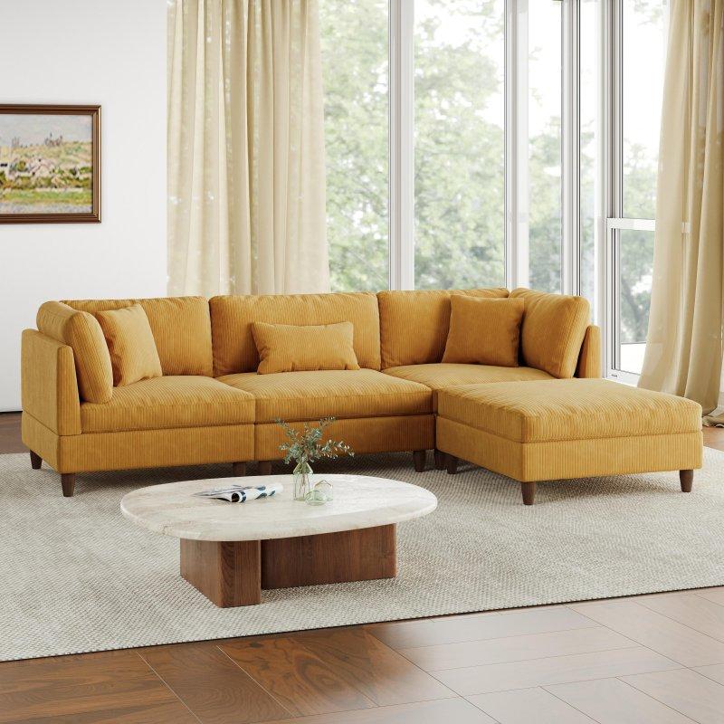Bej Fitilli Kadife Masif Ahşap Modüler Puf Dahil Köşe Koltuk - 285x190 cm - 259518