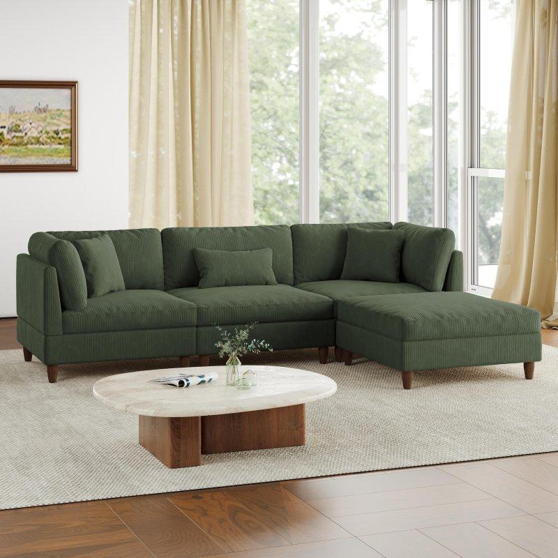 Bej Fitilli Kadife Masif Ahşap Modüler Puf Dahil Köşe Koltuk - 285x190 cm - 259518