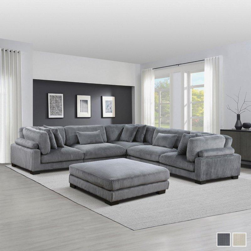Bej Fitilli Kadife Modüler 6 Parçalı Puf Dahil Köşe Koltuk - 343x343 cm - 254958