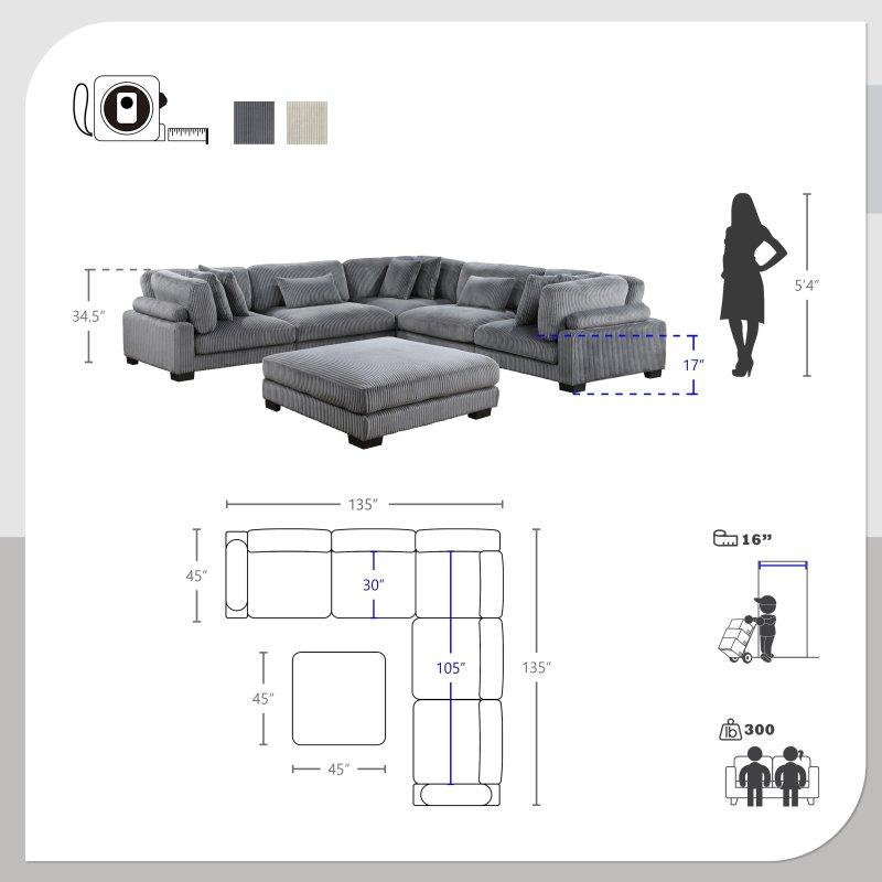 Bej Fitilli Kadife Modüler 6 Parçalı Puf Dahil Köşe Koltuk - 343x343 cm - 254958
