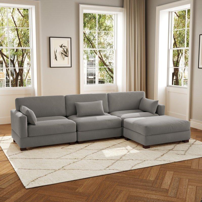 Bej Fitilli Kadife Modüler Puflu Köşe Koltuk - 313x173 cm - 259750