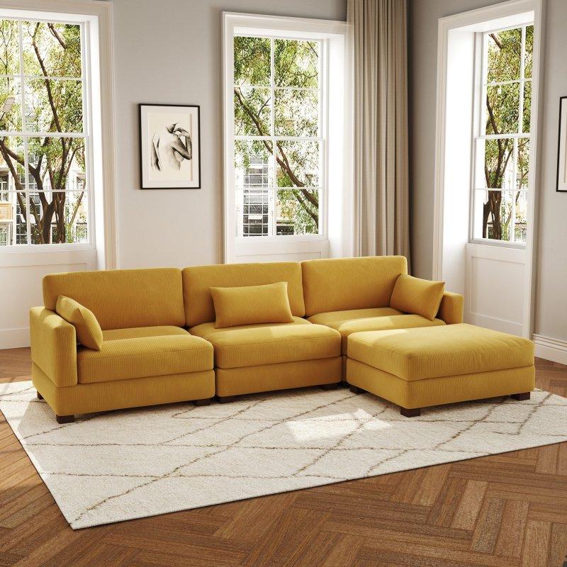 Bej Fitilli Kadife Modüler Puflu Köşe Koltuk - 313x173 cm - 259750