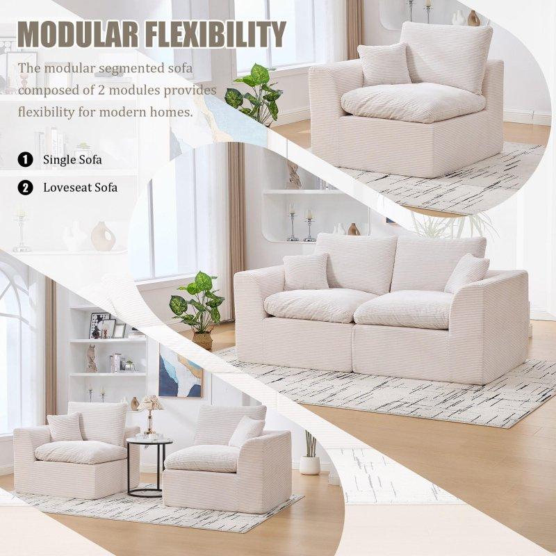 Bej Fitilli Kadife Modüler Yıkanabilir Kılıflı Bohem Koltuk - 204 cm - 278592