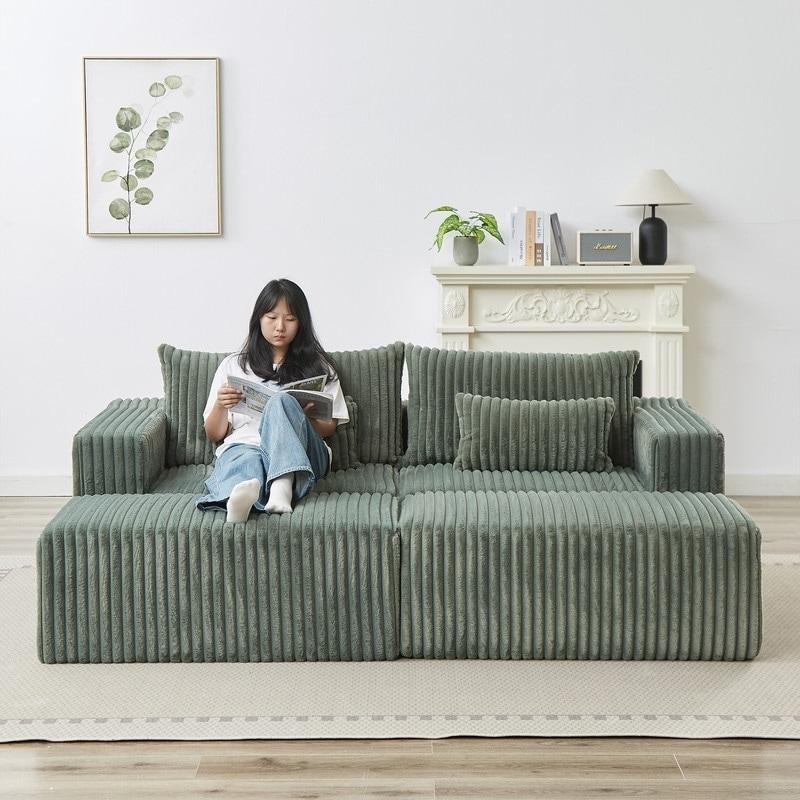 Bej Fitilli Kadife Puf Dahil Modüler Bohem Koltuk - 221 cm - 289245