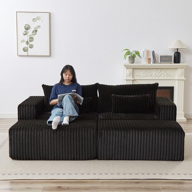 Bej Fitilli Kadife Puf Dahil Modüler Bohem Koltuk - 221 cm - 289245