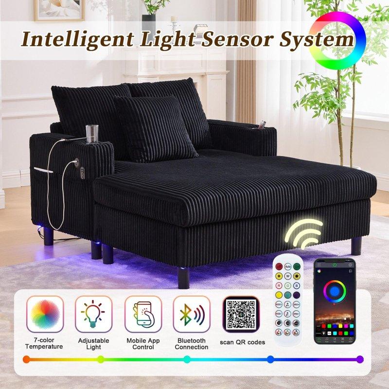 Bej Fitilli Kadife Şarj Portlu ve LED Aydınlatmalı Yataklı Bohem Koltuk - 286586
