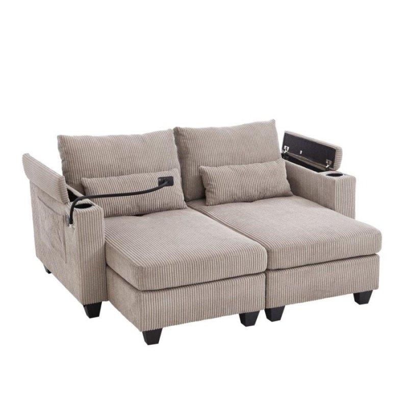 Bej Fitilli Kadife USB Portlu Bardaklıklı Yataklı Bohem Koltuk - 137x161x81 cm - 293903