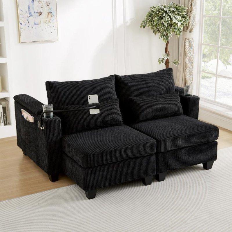 Bej Fitilli Kadife USB Portlu Bardaklıklı Yataklı Bohem Koltuk - 137x161x81 cm - 293903