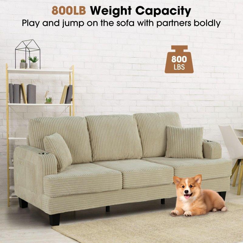 Bej Fitilli Kadife USB Portlu ve Bardaklıklı 3lü Bohem Koltuk - 216 cm - 294158