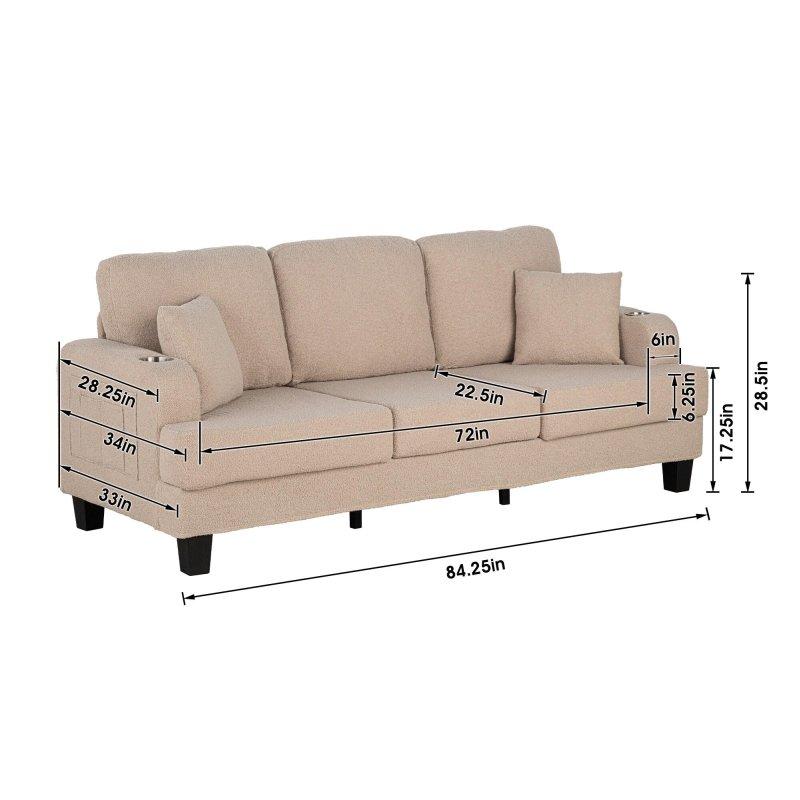 Bej Fitilli Kadife USB Şarj Portlu Bardaklıklı 3 Kişilik Bohem Koltuk - 216 cm - 282785