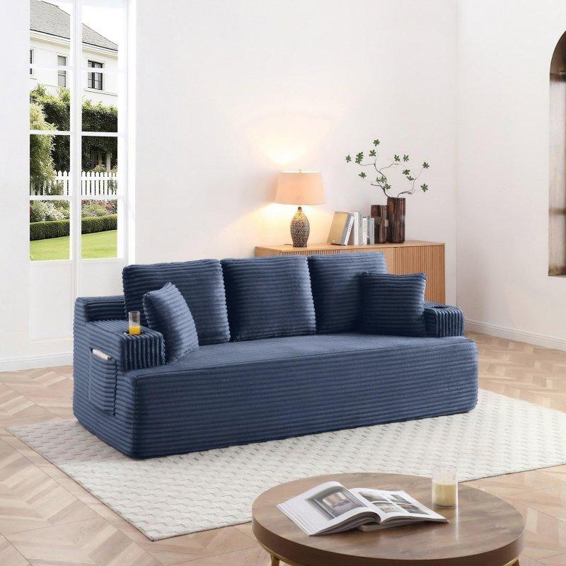 Bej Fitilli Kadife Yan Cepli ve Bardaklıklı İskeletsiz Bohem Koltuk - 219 cm - 278474