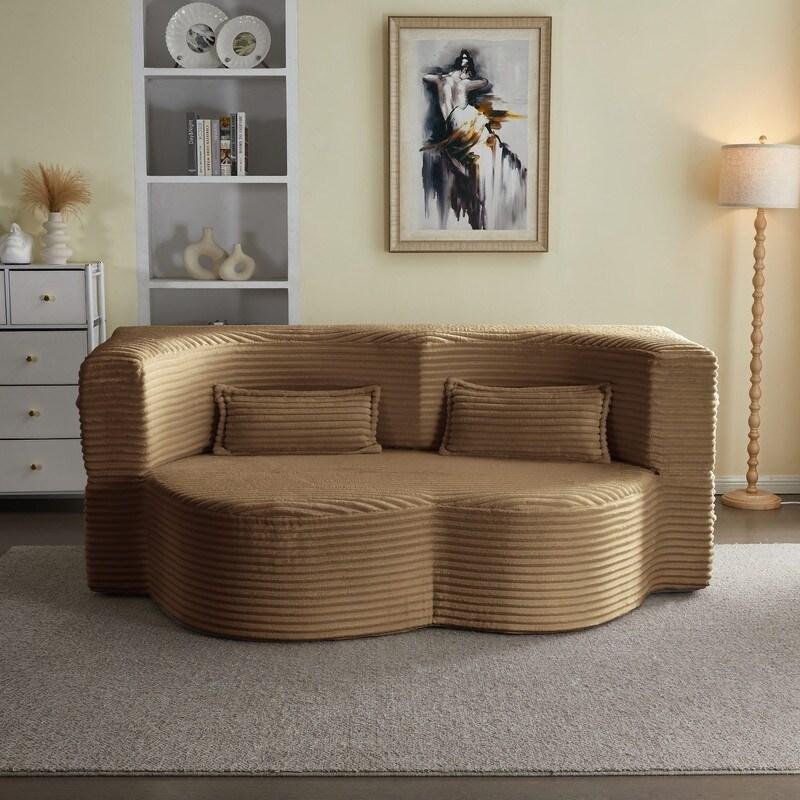 Bej Fitilli Kadife Yatağa Dönüşebilir 2 Yastıklı Modern Bohem Koltuk - 199 cm - 279630