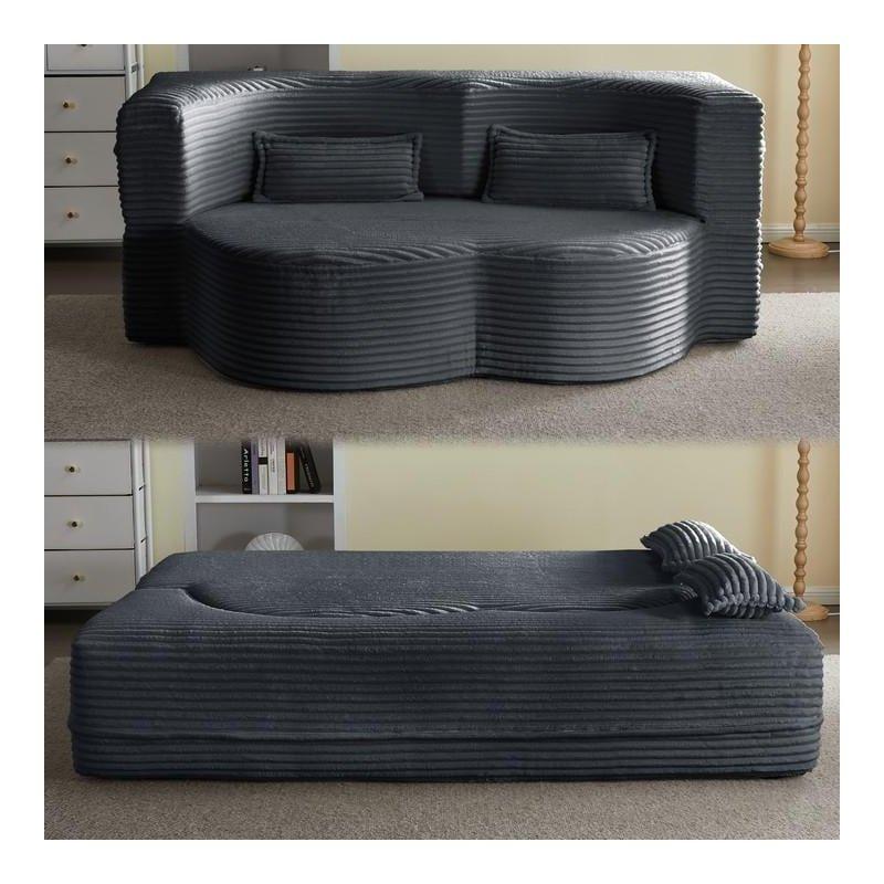 Bej Fitilli Kadife Yatağa Dönüşebilir 2 Yastıklı Modern Bohem Koltuk - 199 cm - 279630