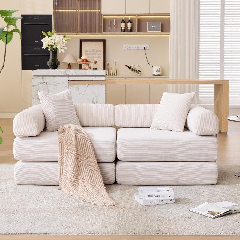 Bej Fitilli Kadife Yataklı Çıkarılabilir Kollu Bohem Koltuk - 186x93x82 cm - 278547