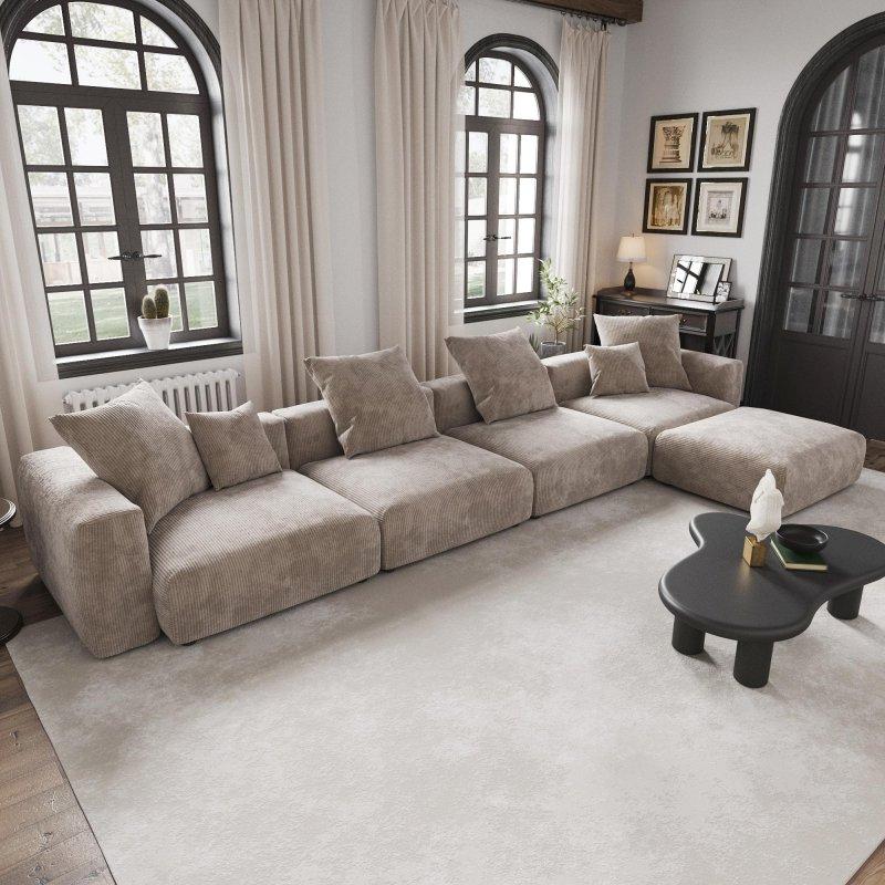 Bej Fitilli Kumaş Ahşap Modüler Ottomanlı Köşe Koltuk - 259274