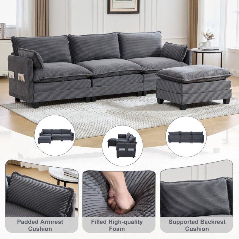 Bej Fitilli Kumaş Modüler Hareketli Puflu Köşe Koltuk - 262 cm - 260076