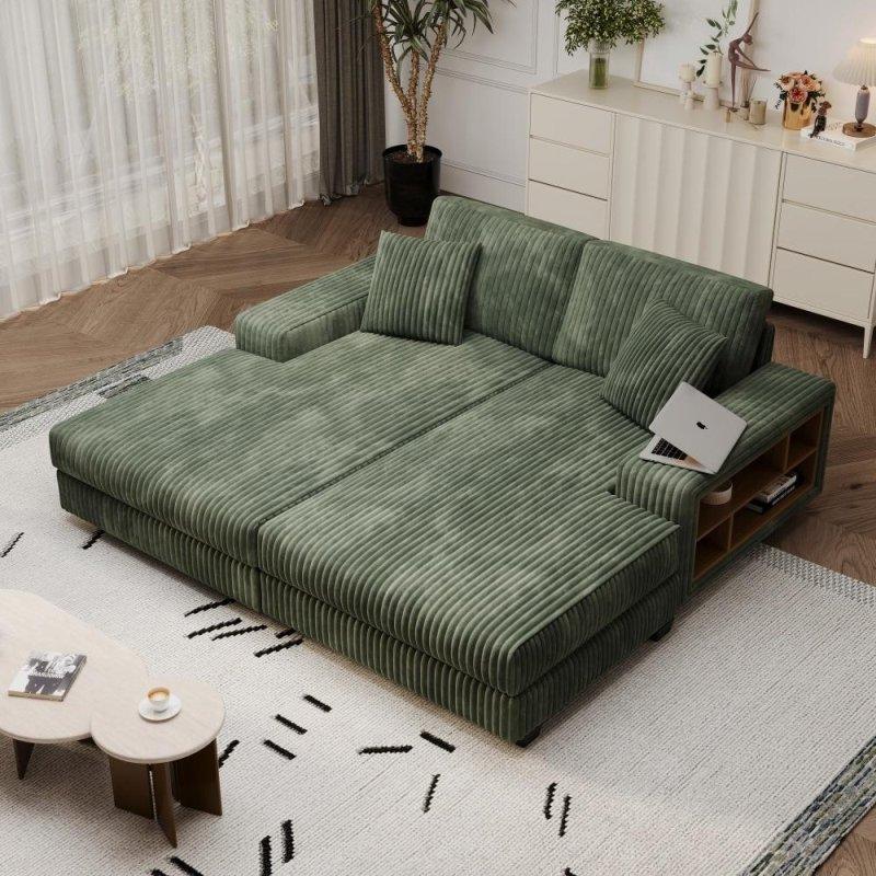 Bej Fitilli Kumaş Yataklı Saklama Bölmeli Köşe Koltuk - 203x157 cm - 258168