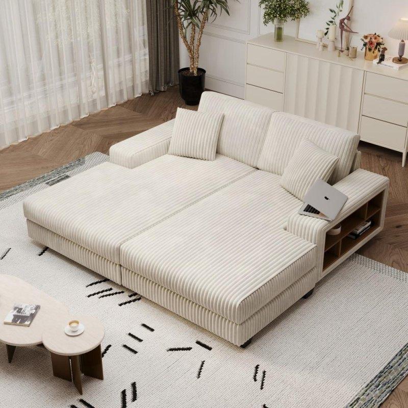 Bej Fitilli Kumaş Yataklı Saklama Bölmeli Köşe Koltuk - 203x157 cm - 258168