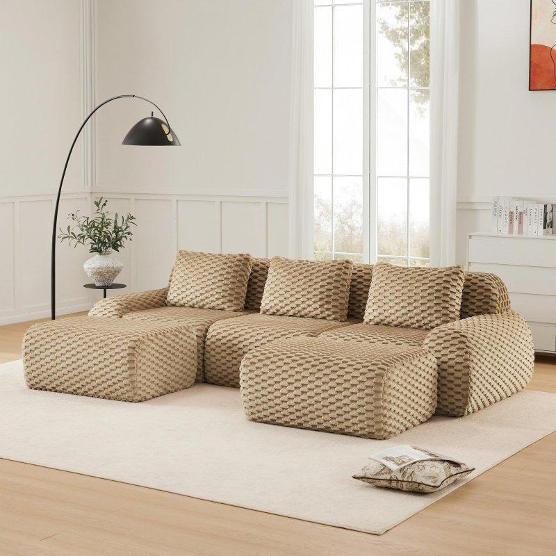 Bej Flanel Kumaş Modüler Kapitoneli Bohem Koltuk - 291 cm - 283940
