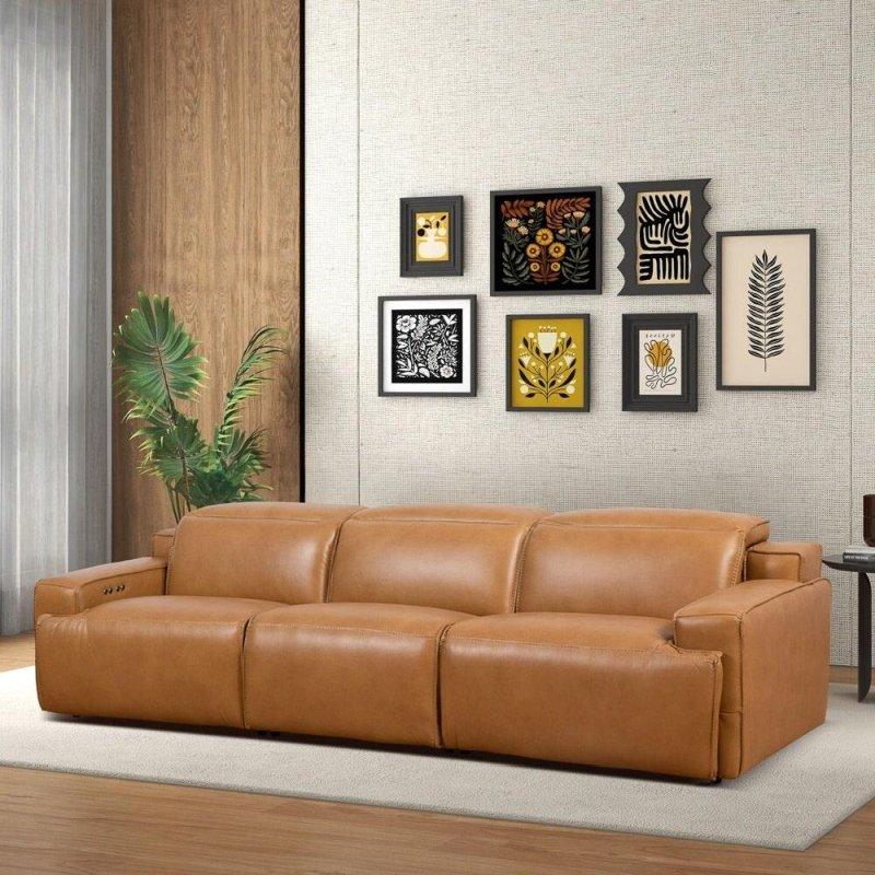 Bej Hakiki Deri Masif Ahşap Üçlü Elektrikli Mekanizmalı Bohem Koltuk - 305x112 cm - 281012