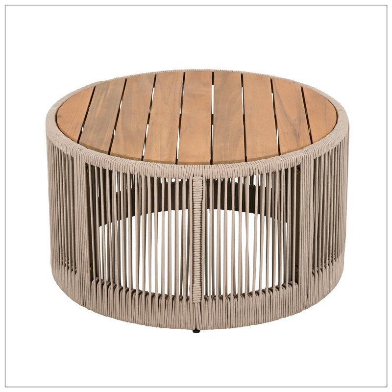Bej Halat Örgü Kaideli Doğal Akasya Ağacı Yuvarlak Orta Sehpa - 67x37 cm - 245137